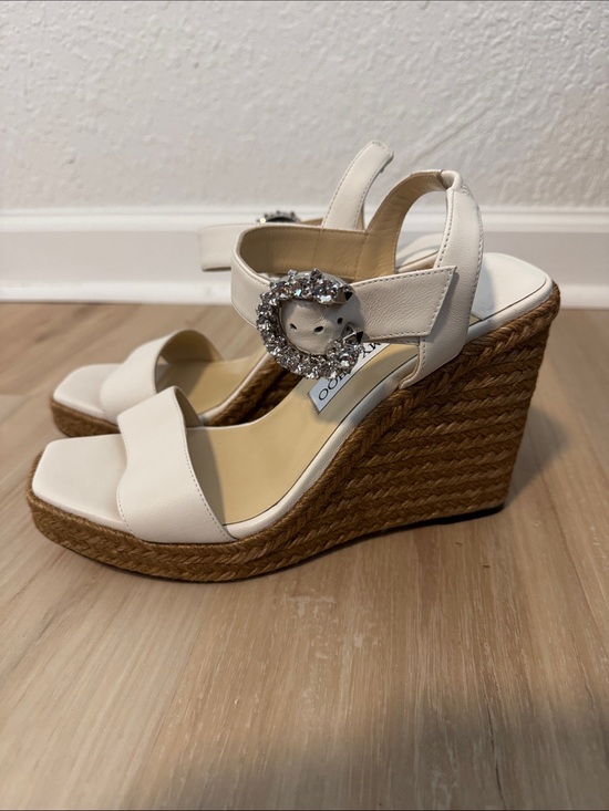 Jimmy Choo Shoes - Jimmy Choo White Espadrille Wedge Sandals with Crystal Buckle